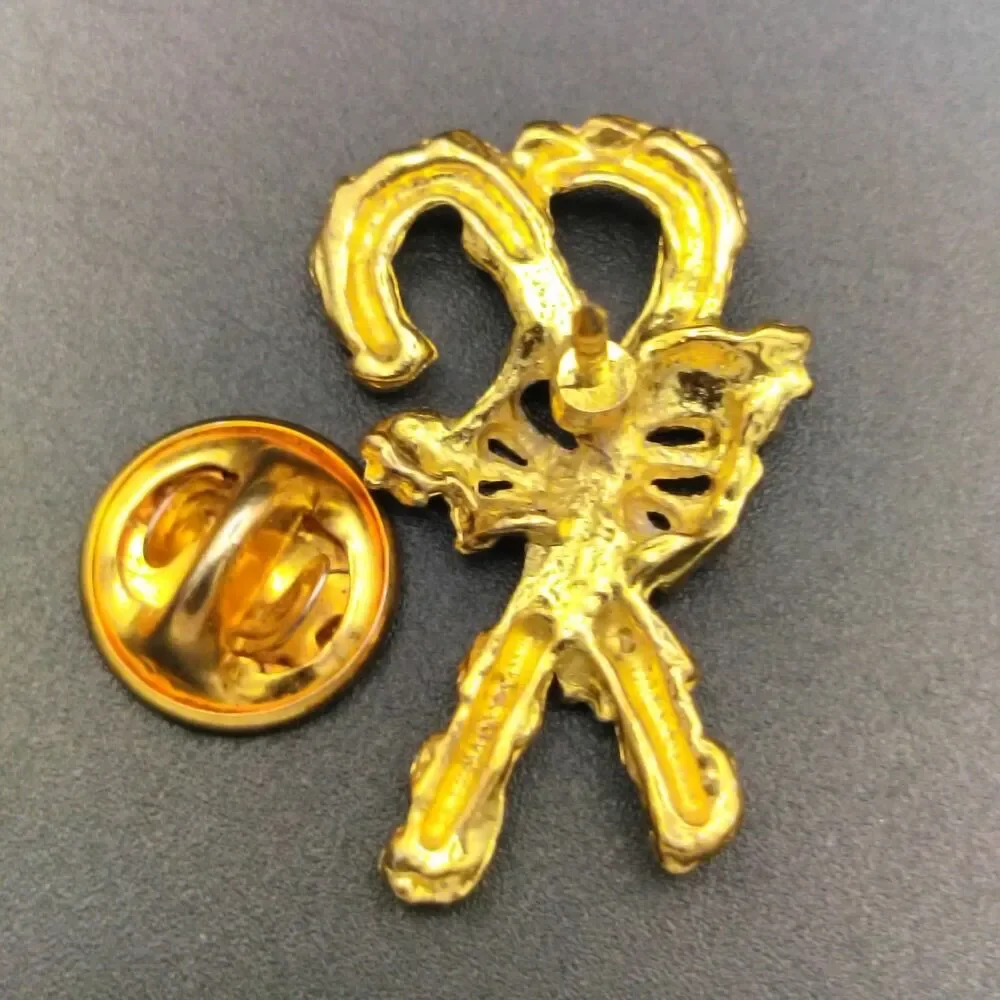 Vintage Gold Tone Candy Cane Bow Brooch Pin Clear Rhinestone Holiday Christmas